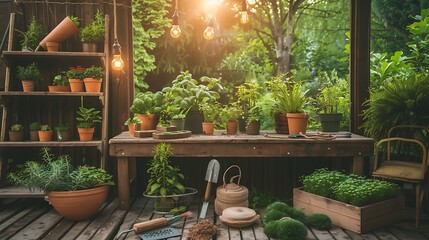 Outdoor garden potting station with various herbs plants and gardening tools on wooden table and shelves