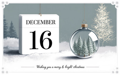 December 16th advent calendar date with christmas ornament and festive winter scene illustration