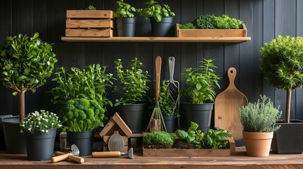 Various potted herbs and plants displayed on a wooden table and shelf against a dark paneled wall alongside gardening