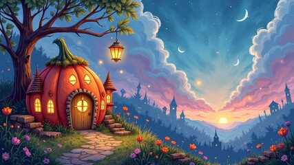 Enchanted pumpkin cottage at sunset with blooming flowers and starry sky