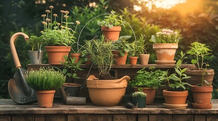 Various potted plants and a shovel are displayed on a weathered wooden surface in an outdoor garden setting with green