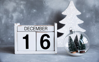 December 16th date calendar block with christmas tree ornament festive holiday still life scene illustration