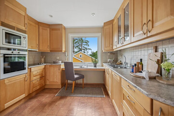 Modern luxury kitchen interior in minimal scandinavian style, 3d render
