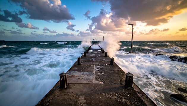 Dramatic sunset over a stormy pier
