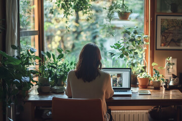 Woman with shoulder length hair works on laptop at wooden desk surrounded by lush green plants, sitting in front of large window with natural light, creating cozy and peaceful workspace