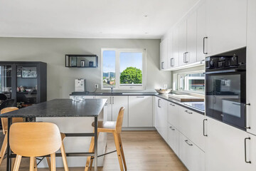 Modern luxury kitchen interior in minimal scandinavian style, 3d render
