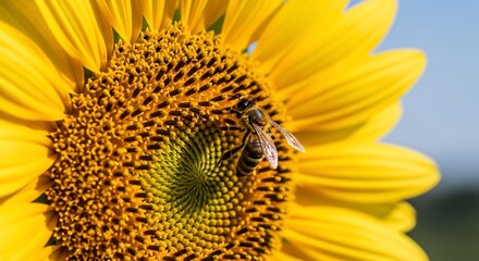 Macro shot of a fuzzy bee collecting nectar from a vibrant yellow sunflower, bathed in warm sunlight.