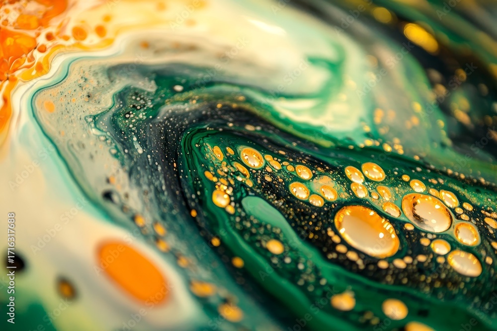 Poster a swirling, vibrant abstract design features flowing colors of orange, green, and white, with scatte