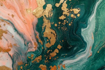 Fototapeta premium A striking abstract design showcases swirling teal, peach, and cream colors, accented with flecks of gold.