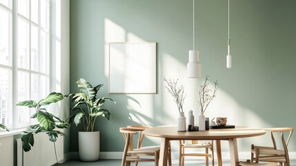 Bright interior with table chairs plant and blank picture frame on wall.
