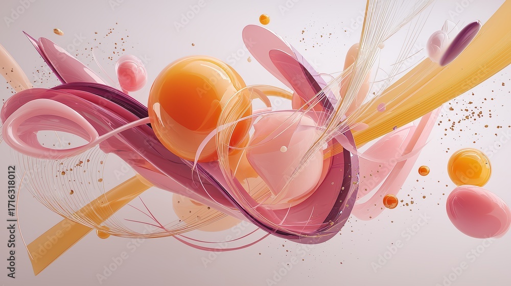Poster colorful abstract 3d composition with floating shapes and dynamic swirls in colorful objects and pas