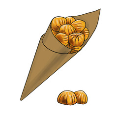 Roasting peeled chestnuts in a paper cone cup