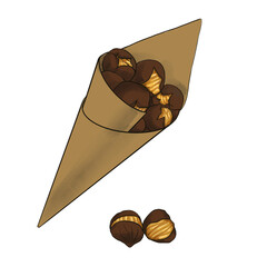 Unpeeled chestnuts in their skins in a paper cone cup