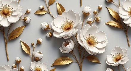 Detailed 3d render of white anemone flowers with gold accents and leaves