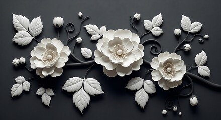 Elegant white paper flowers and leaves with intricate details on a dark background