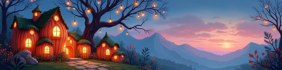 Obraz premium Enchanted cottage in mystical forest at twilight with glowing lanterns