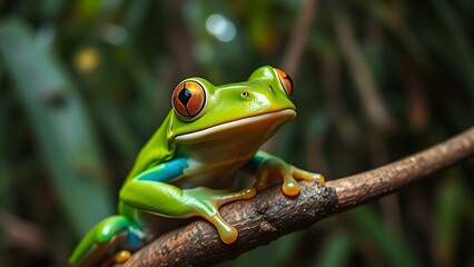 Obraz premium A vibrant green tree frog in its natural tropical forest habitat.