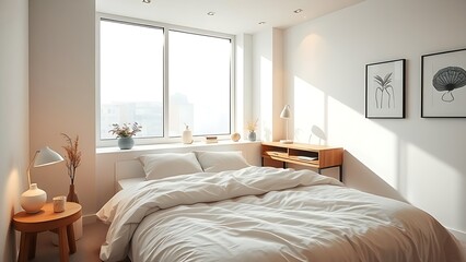 Minimalist modern bedroom interior with soft natural light and clean lines.