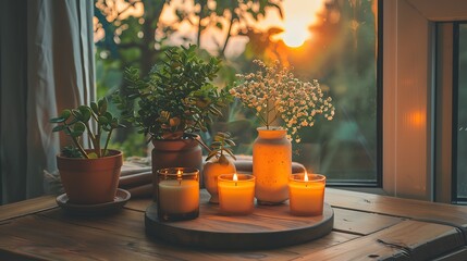 Plants in pots and small lit candles sit on a wooden table in front of a window with a sunlit view
