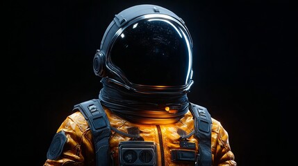 Astronaut in orange spacesuit with reflective helmet against dark background
