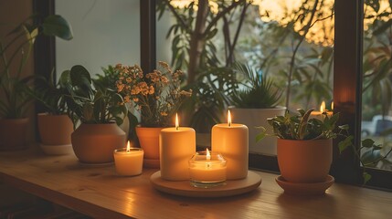 Burning candles and potted plants sit on a wooden windowsill with outside trees visible through the glass