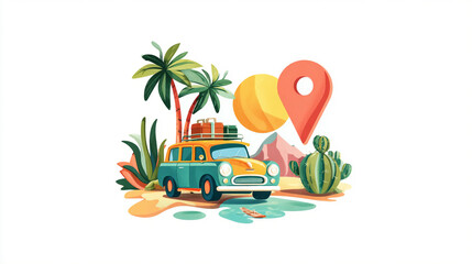 Retro car travel adventure sunny destination vacation luggage palm trees cactus location map