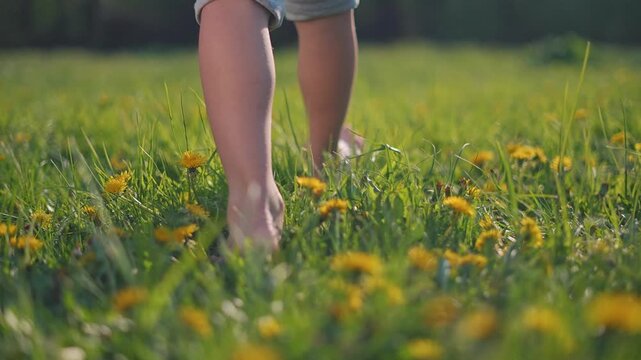 Outdoor child walking barefoot in open grass field. Legs step slowly through soft summer grass. Barefoot freedom shows in each step. Nature and outdoor grass embrace every move of barefoot child.