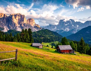 Fototapeta premium Alpine meadow chalet landscape at sunset