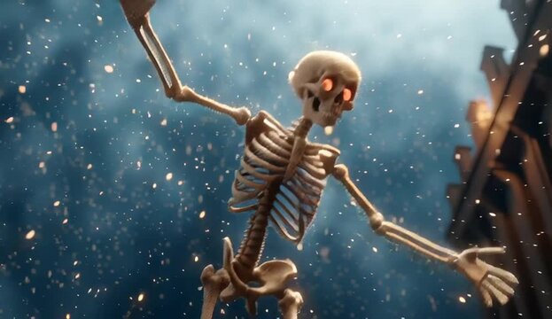 Dancing skeleton against the blue sky. Video invitation to a Halloween party.