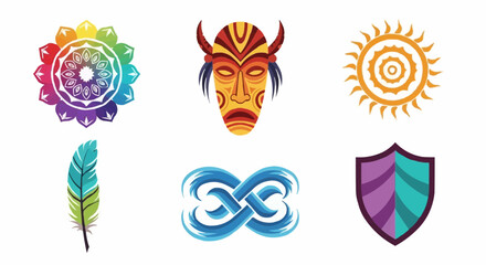 Obraz premium Vibrant cultural mask and symbol collection representing heritage, spirituality, and traditional art elements