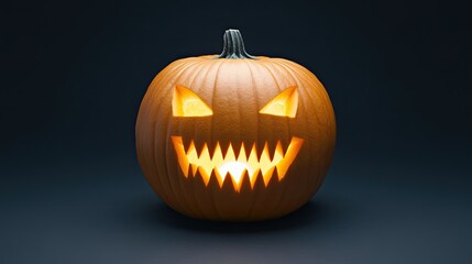 Halloween pumpkin jack o lantern with scary carved face glowing in studio dark, Halloween pumpkin design concept for spooky poster, Halloween pumpkin artwork background for party decoration