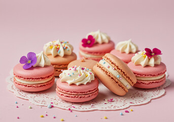 A beautiful arrangement of pink macarons adorned with creamy frosting and delicate flower decorations on a lace doily.