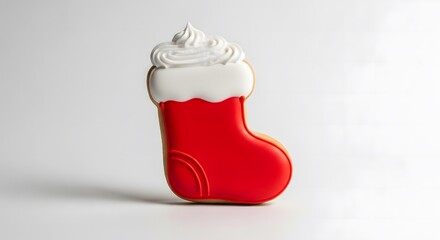 Red Christmas stocking cookie with white icing on neutral background  