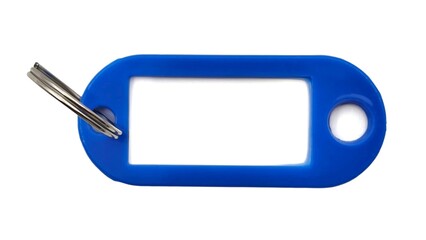 Photo of a blue plastic key tag with metal keyring, featuring a rectangular transparent window for...