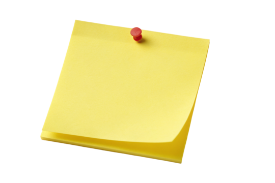 Yellow sticky note with red pushpin on white background for reminders and office organization