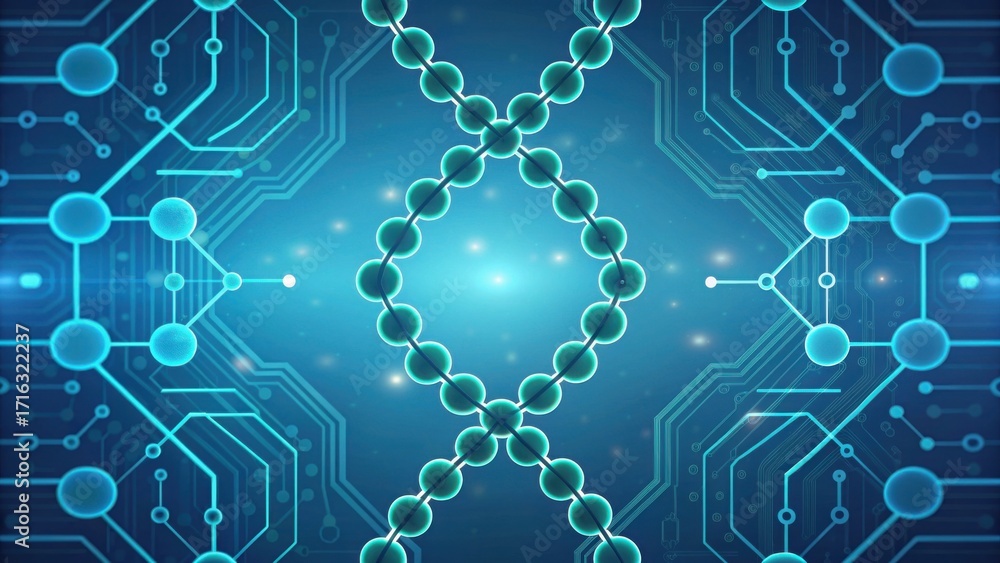 Poster abstract molecular chain with circuit patterns in blue background