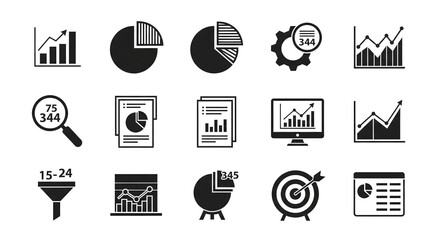 Business Data Icon Set: A comprehensive icon set provides a snapshot of financial strategy, data analytics, and business development, perfect for representing key aspects of business success.