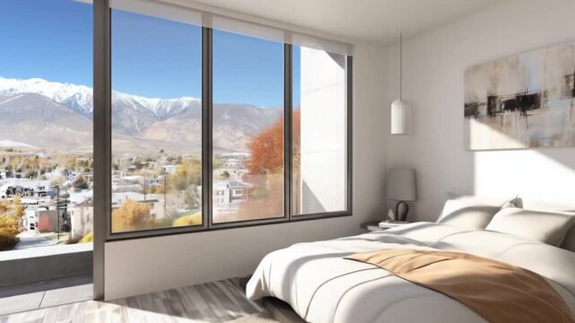 A modern bedroom boasts panoramic mountain views and natural light.
