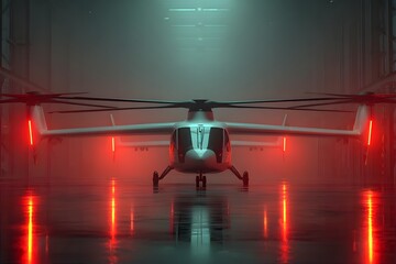 Futuristic electric vertical takeoff and landing (eVTOL) aircraft in a dim, red-lit hangar.
