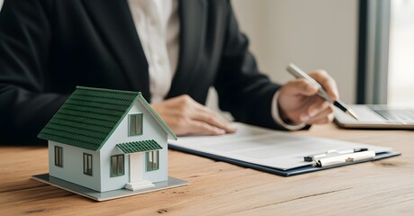 Businessman reviewing property investment contract with house model