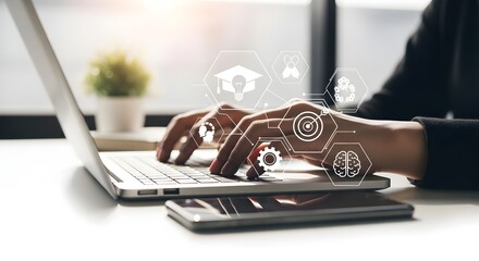 Hands typing on laptop with digital technology interface overlay modern business concept