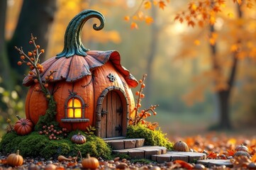 Fototapeta premium Enchanted pumpkin house in autumn forest setting with glowing windows