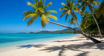 Fototapeta premium Wide tropical beach with leaning palms, white sand and crystal clear blue water under bright sky, scenic island coastline