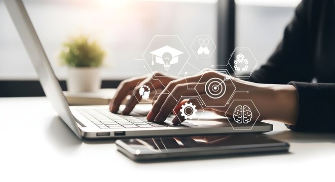 Hands typing on laptop with digital technology interface overlay modern business concept