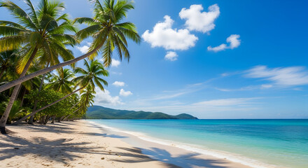 Fototapeta premium Wide tropical beach with leaning palms, white sand and crystal clear blue water under bright sky, scenic island coastline