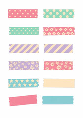 Set of colorful washi tape strips in pastel decorative patterns for planner, scrapbooking, craft, and stationery design resources