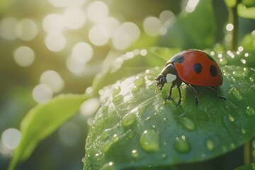 Ladybug Crawling on Dewy Green Leaf in Sunlight