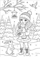 Winter Scene Coloring Page with Girl, Birds, and Rabbit in Forest