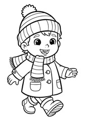 Cute little boy dressed in warm winter clothing, happily walking, ready for a fun coloring page activity
