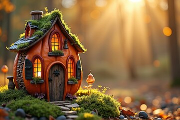 Fototapeta premium Whimsical pumpkin house in forest with warm sunlight rays